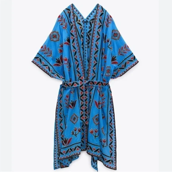 Zara Blue Floral Embroidered Kimono Kaftan - Picture 8 of 9